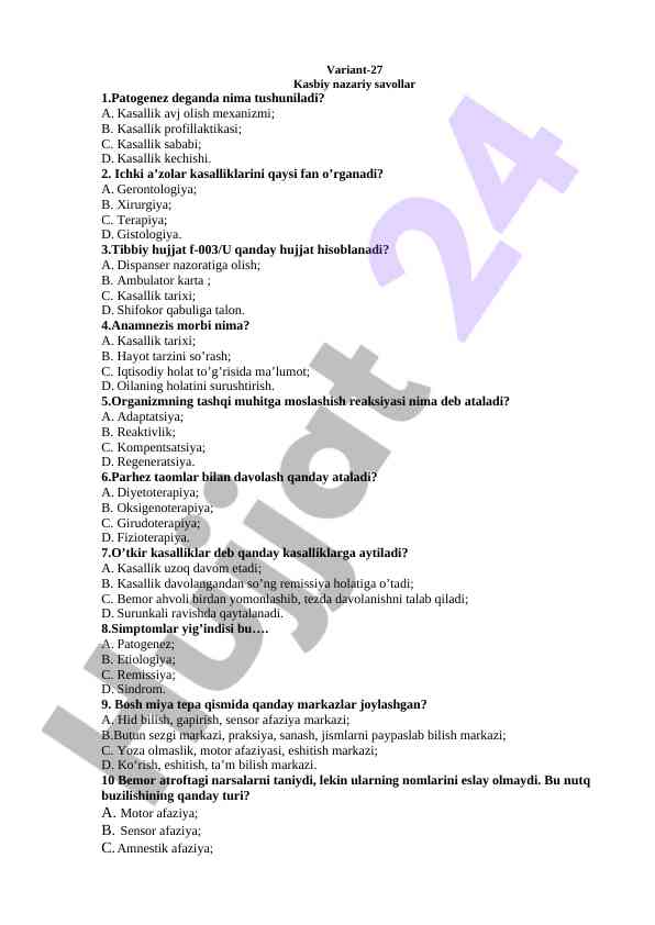 Variant-27 kasbiy nazariy savollar tibbiy fanlar bo'yicha