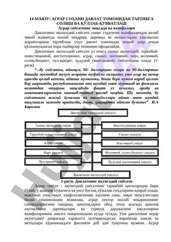 Аграр соҳа тартибга солиш ваъ қўллаб-қувватлаш