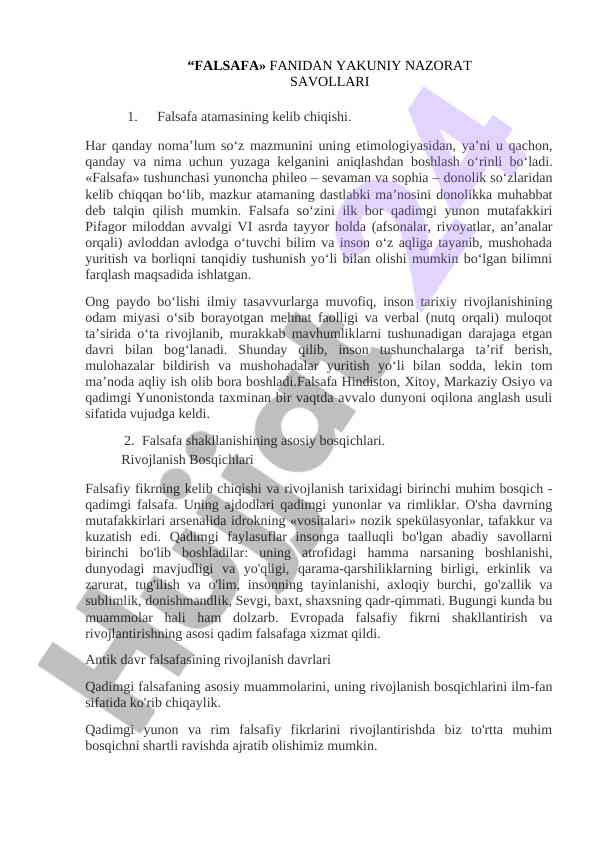 Falsafa fanidan yakuniy nazorat savollari