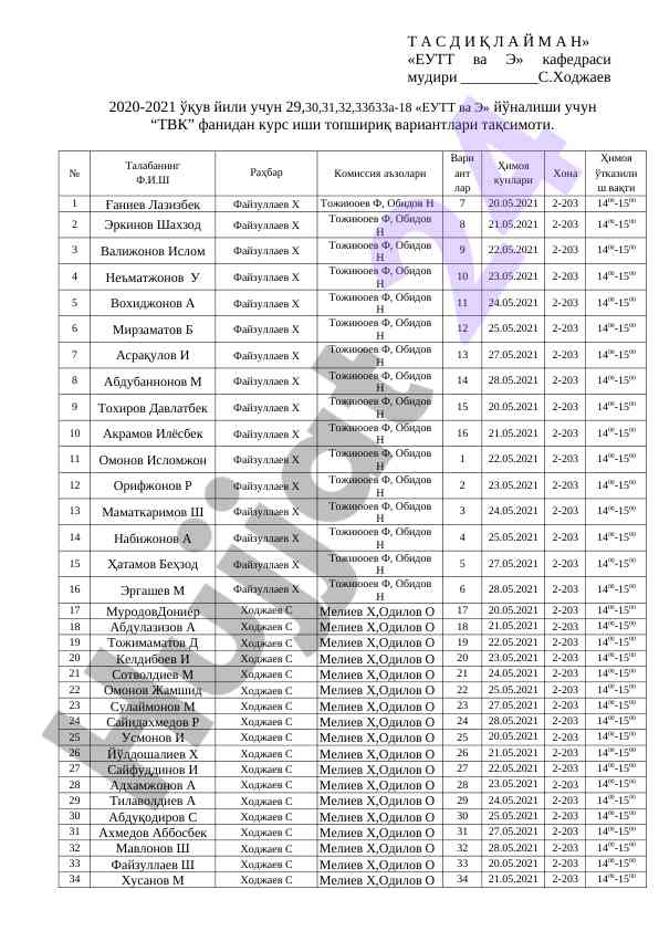 Твк фанидан курс иши топшириқ вариантлари