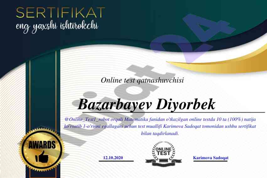 Matematika online test natijalari va sertifikatlar