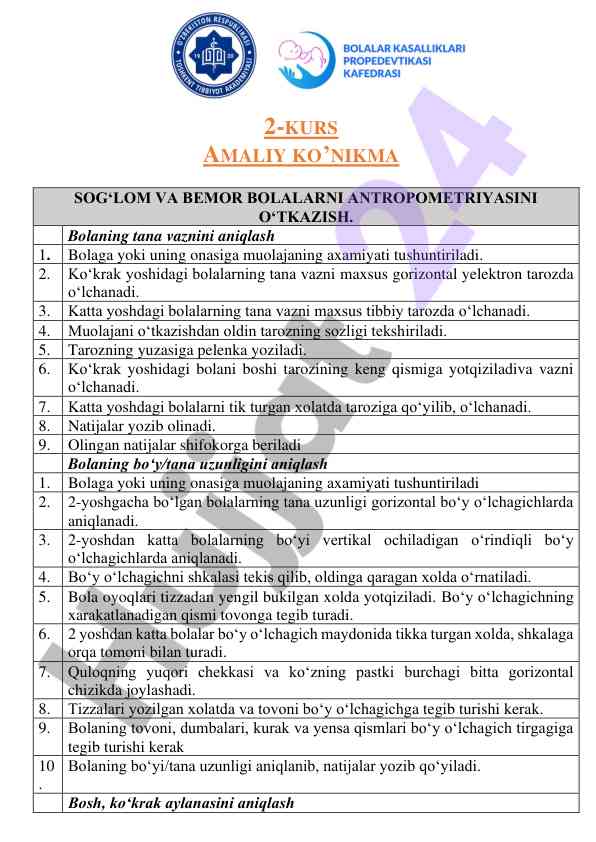 Bola antropometriyasini o‘tkazish amaliyoti