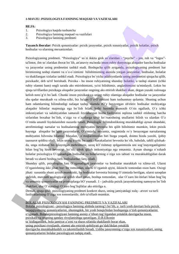 Psixologiya fanining maqsad va vazifalari