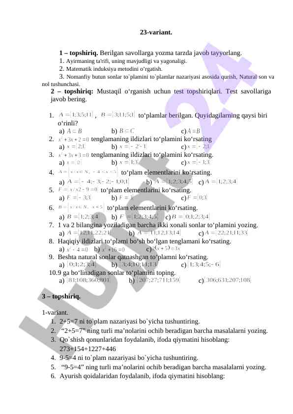 Matematik Induksiya Metodi Va Test Topshiriqlari 23-variant