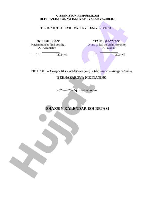 XORIJIY TILLAR KAFEDRASI SHAXSIY KALENDAR ISH REJASI