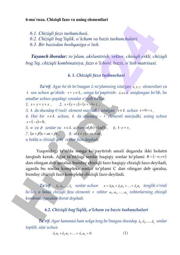 Chiziqli fazo va uning elementlari
