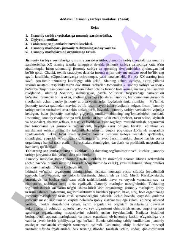 Jismoniy tarbiya vositalarining tahlili va ahmiyati