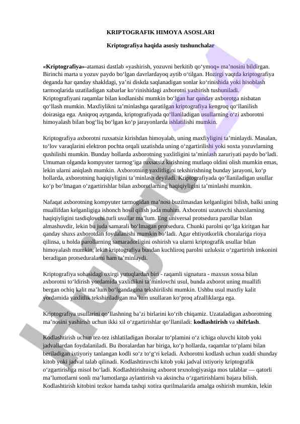Kriptografiya va axborotni himoyalash asoslari
