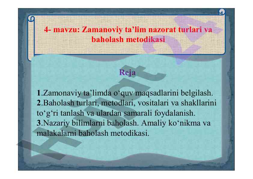 Zamanoviy ta’lim nazorat turlari va baholash metodikasi