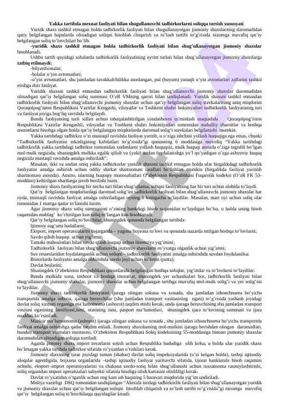 Shaxsiy tadbirkorlar uchun soliqqa tortish tizimi