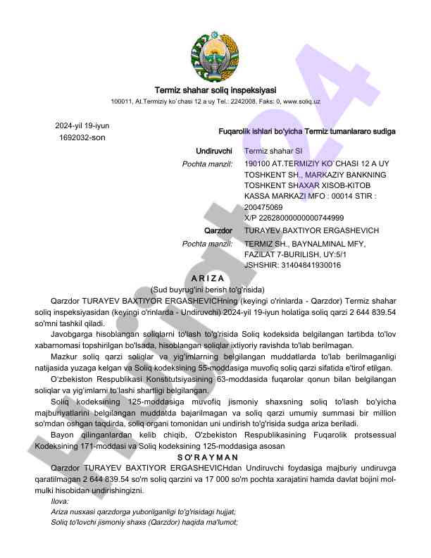 Soliq qarzi bo'yicha sud arizasi