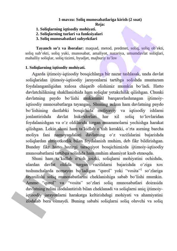 Soliq munosabatlariga kirish dars ishlanmasi