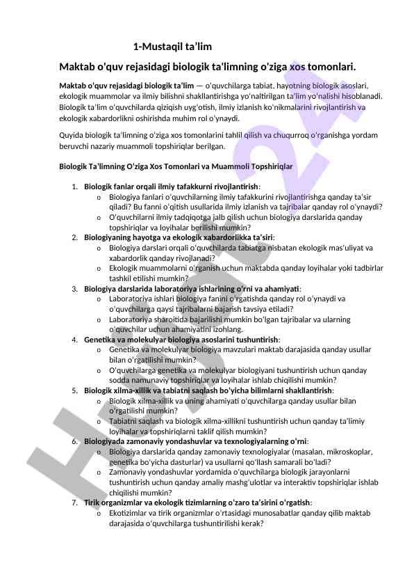 Biologik ta'limning o'ziga xos tomonlari tahlili