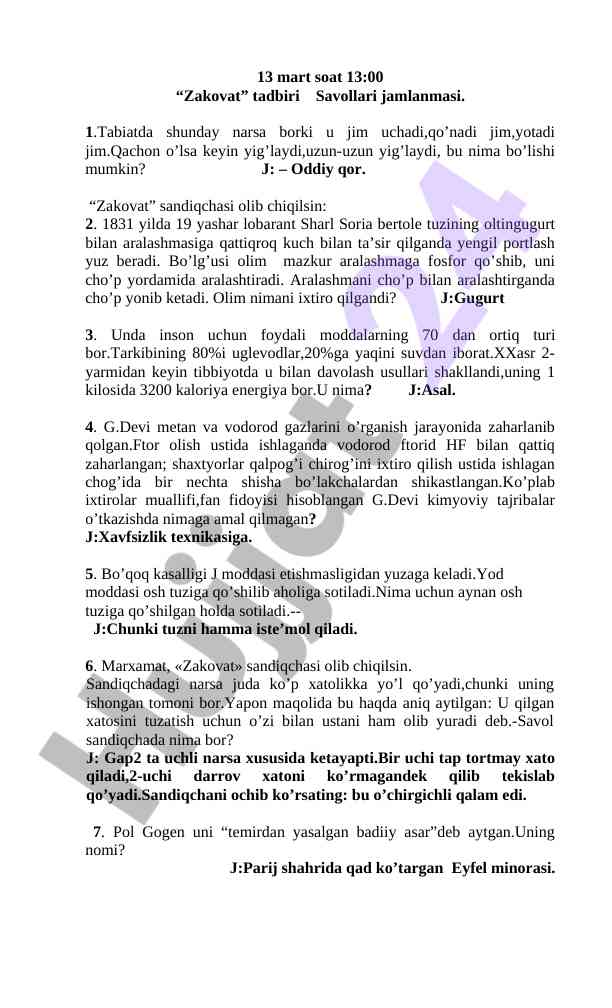 Zakovat tadbiri savollari jamlanmasi