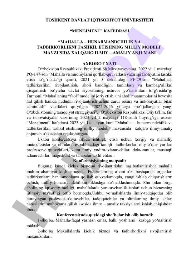 Mahalla hunarmandchilikni tashkil etish modeli