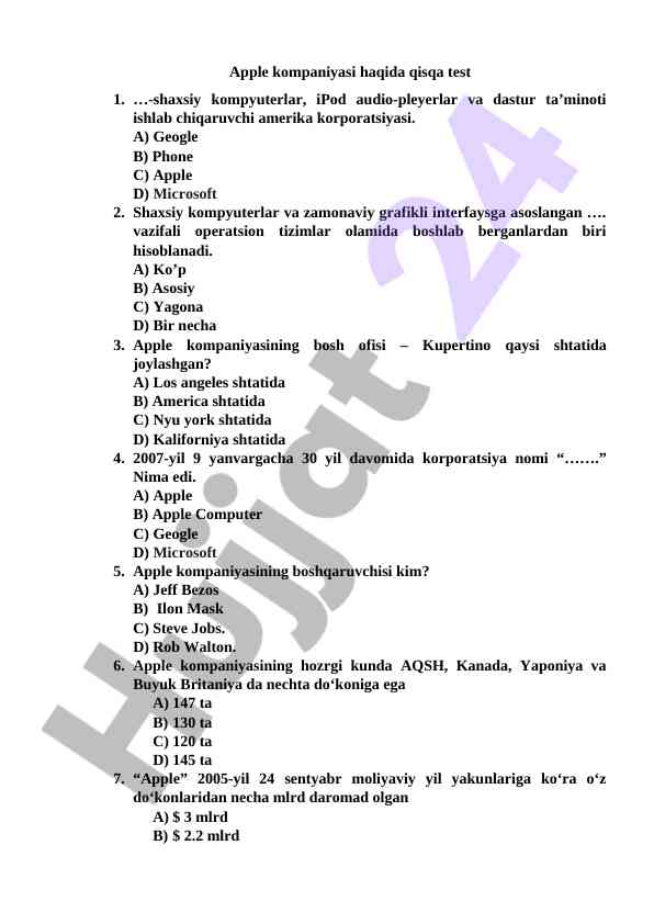 Apple kompaniyasi haqida qisqa test