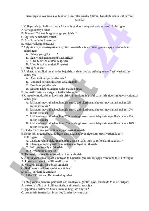 Xirurgiya va reanimatsiya test nazorat savollari
