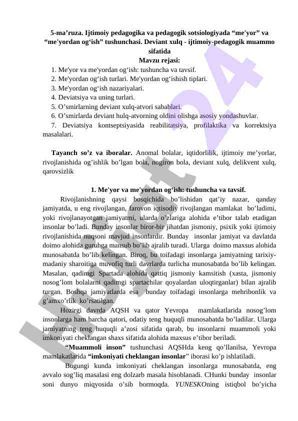 Ijtimoiy Pedagogika Va Deviant Xulq Tushunchalari