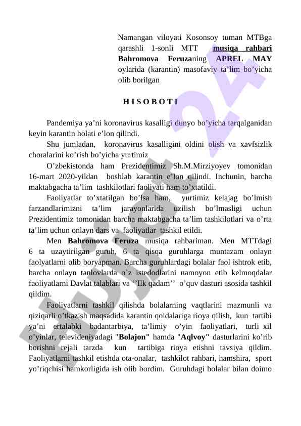 Karantin davrida masofaviy ta'lim hisoboti