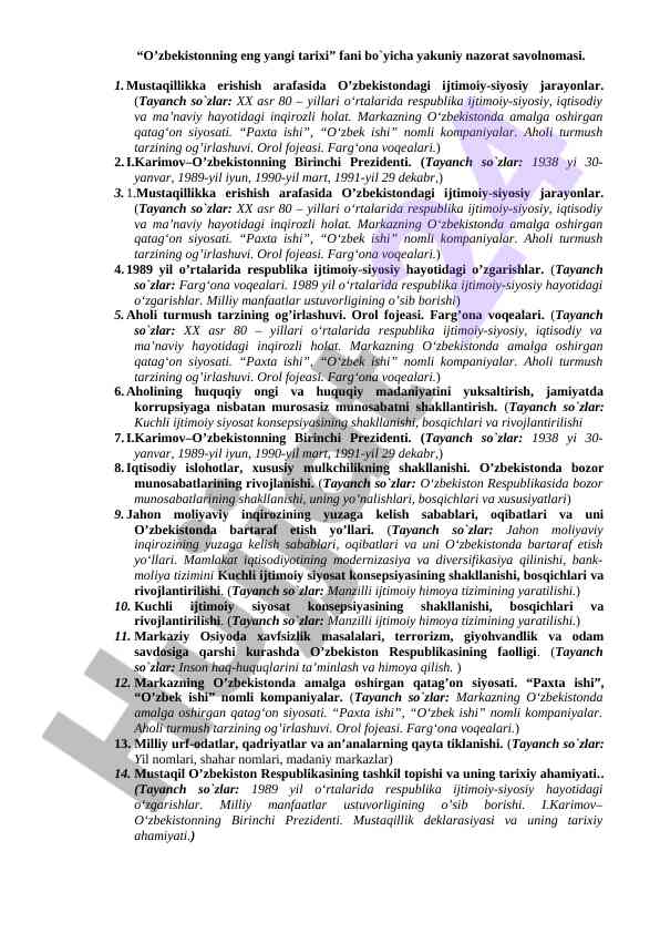 O’zbekistonning yangi tarixi savolnomasi
