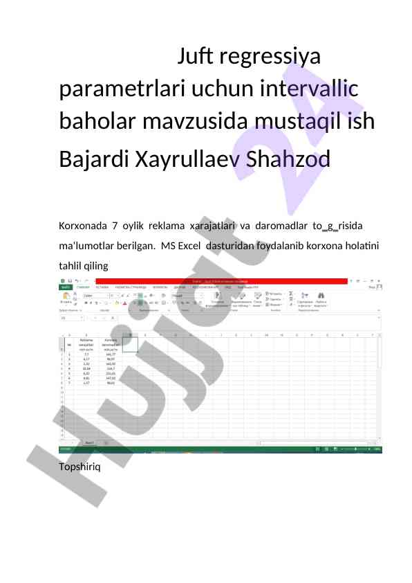 Juft regressiya parametrlari baholash va tahlil