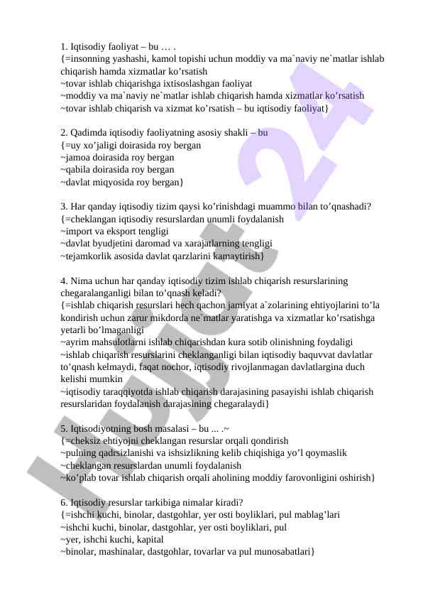 Iqtisodiy faoliyat va resurslar hajmi