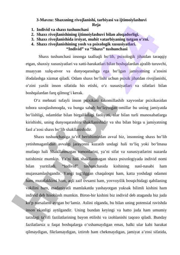 Shaxsning rivojlanishi va ijtimoiylashuvi