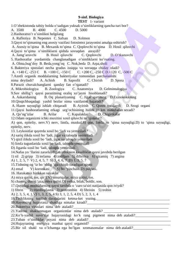 9-sinf biologiya test 1-variant savollari