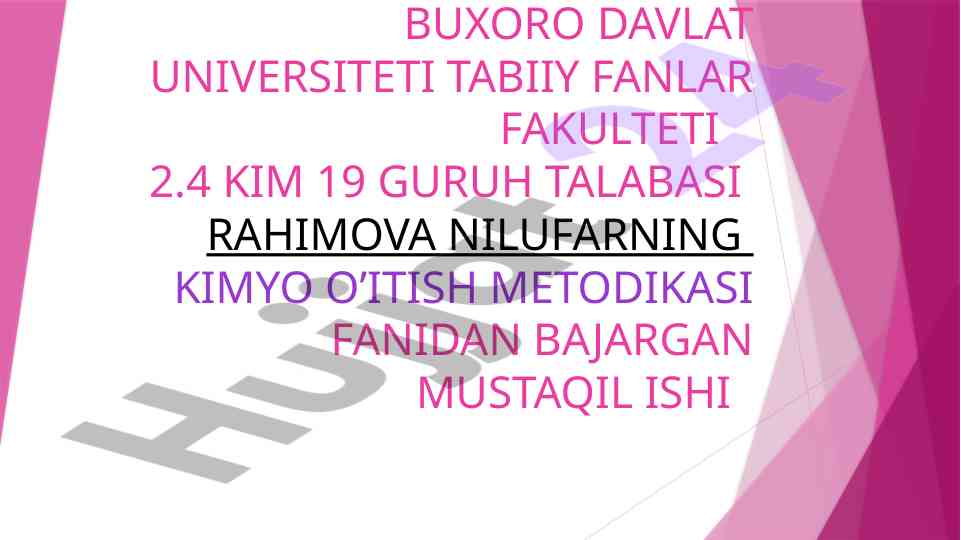 Kimyo o'itish metodikasi bo'yicha mustaqil ish