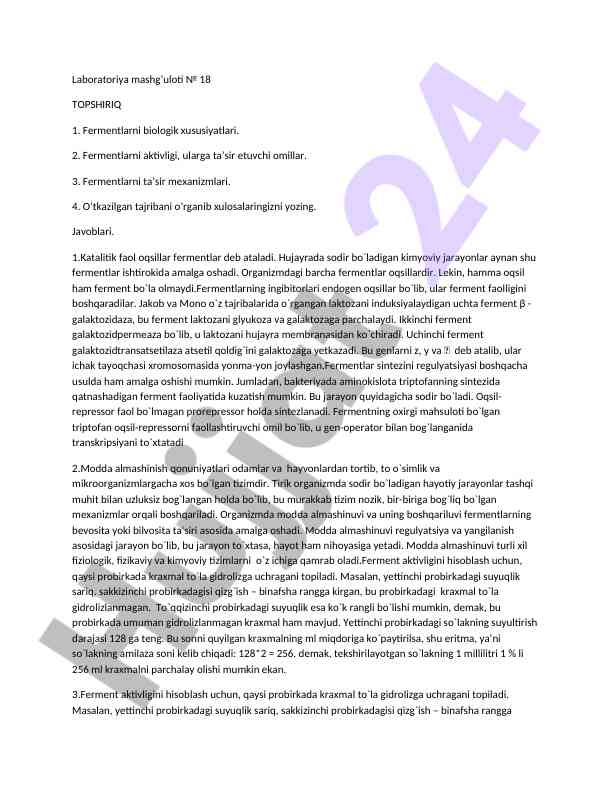 Fermentlarning biologik xususiyatlari va aktivligi