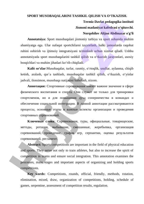 Sport musobaqalarini tashkil qilish va o'tkazish