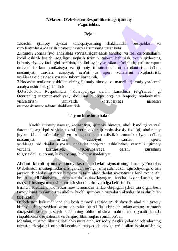 O‘zbekiston respublikasi ijtimoiy o‘zgarishlari rejasi