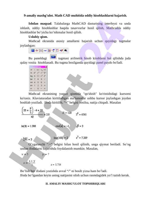 Mathcad muhitida oddiy hisoblashlar