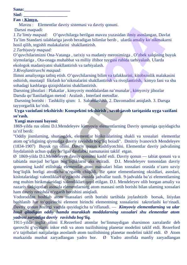 Elementlar davriy sistemasi va davriy qonuni ta’limi