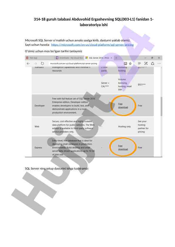 Microsoft sql server o‘rnatish bo‘yicha laboratoriya ishlari