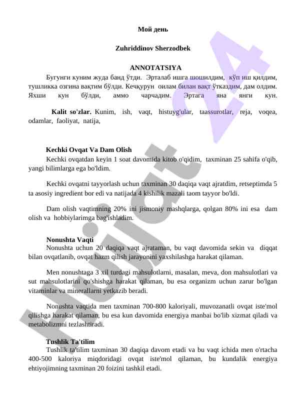 Kundalik hayotim va faoliyat rejasi