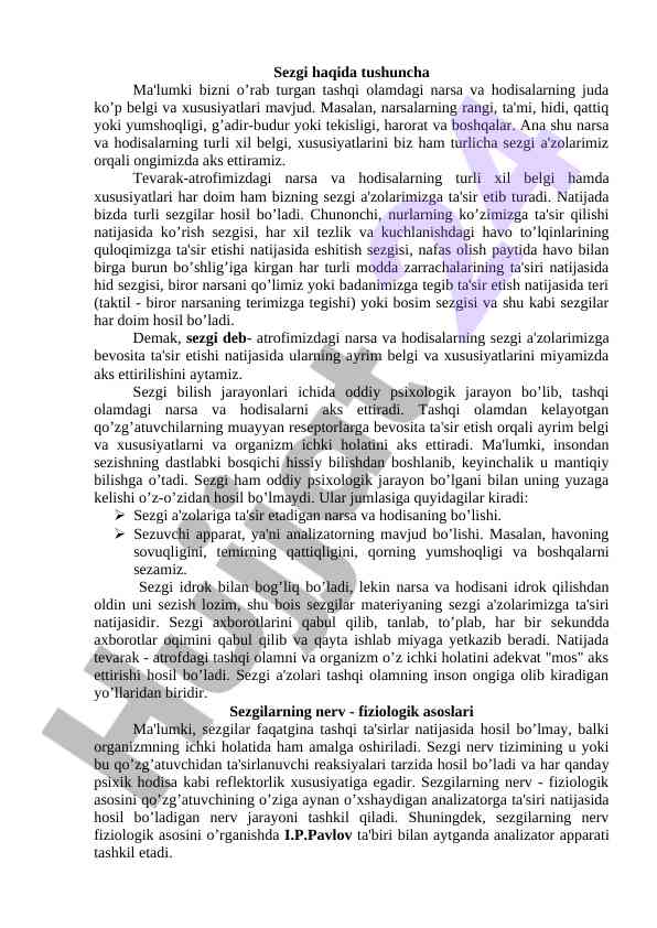 Sezgi haqida tushuncha va uning xususiyatlari