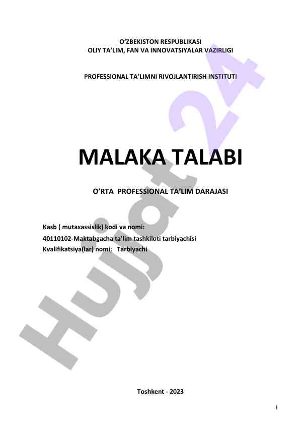 Maktabgacha ta'lim tashkiloti tarbiyachisi dasturi