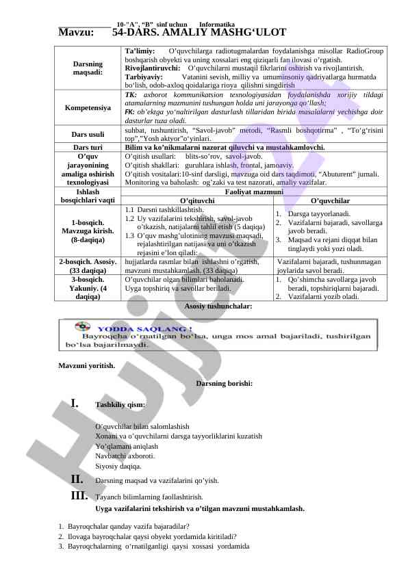 Informatika darslari: amaliy mashg'ulot mavzusi