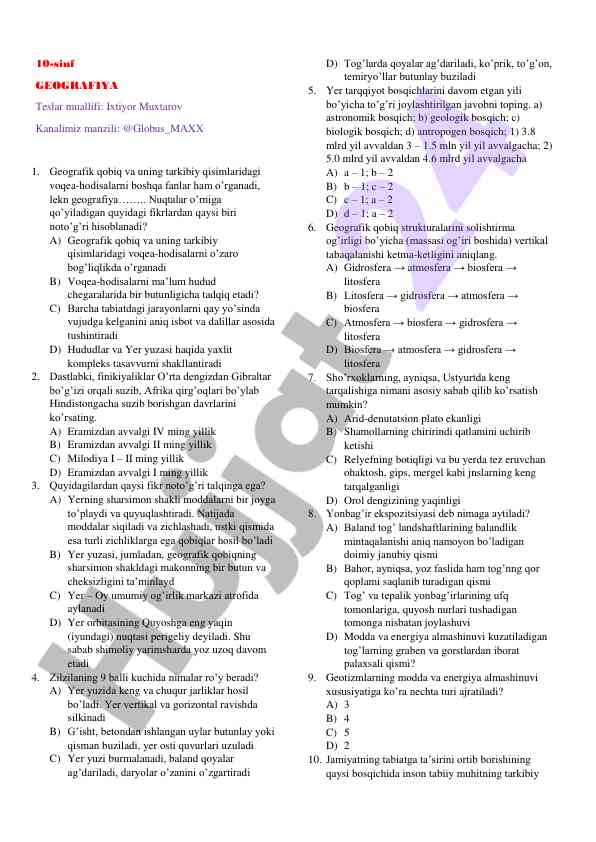 10-sinf geografiya testlari