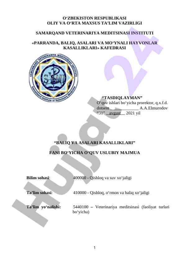 Balıq va asalari kasalliklari uslubiy majmua