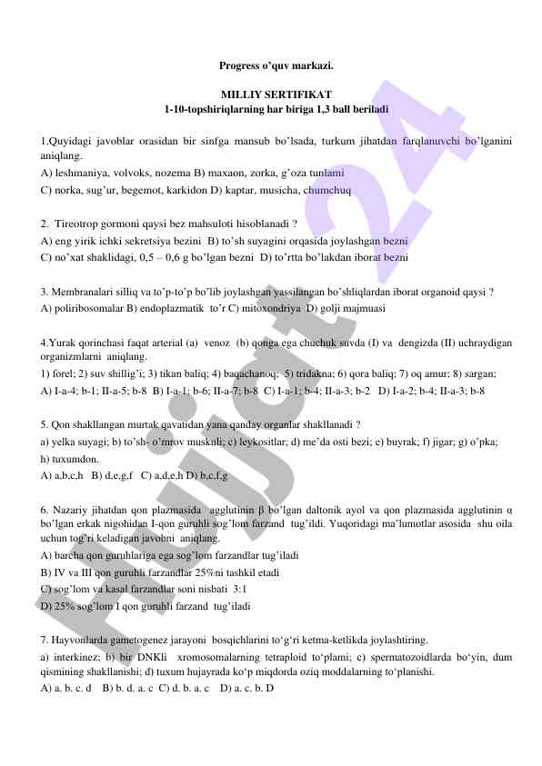 Biologiya test savollari va javoblari