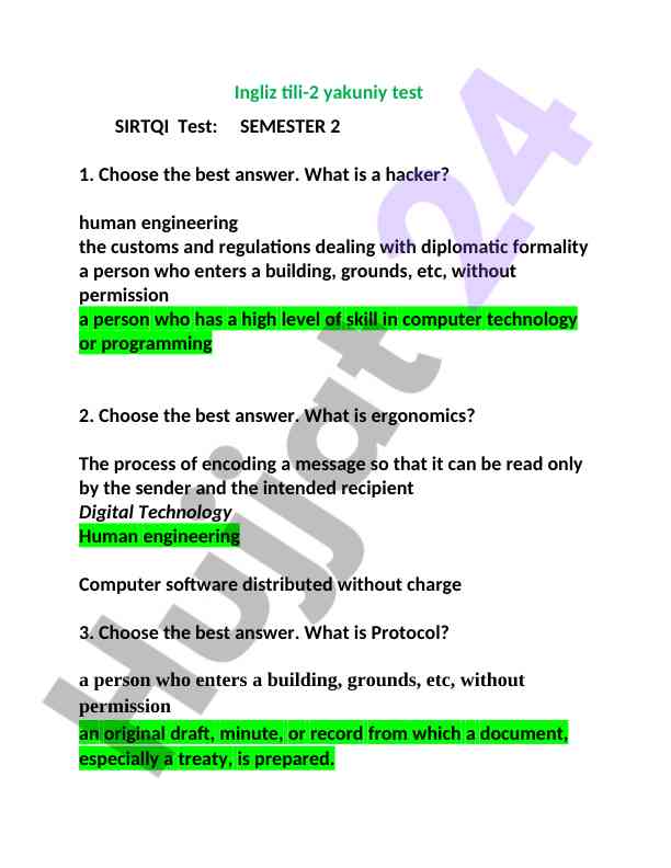 Ingliz tili 2 yakuniy test semestr 2