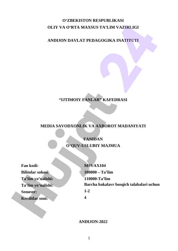 Media savodxonlik va axborot madaniyati fanidan o‘quv majmuasi