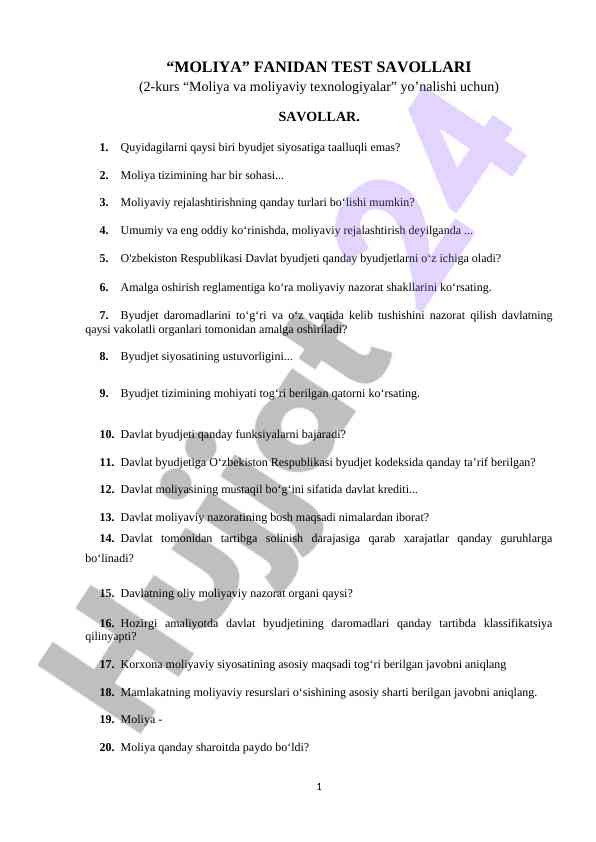 Moliya fanidan test savollari 2-kurs