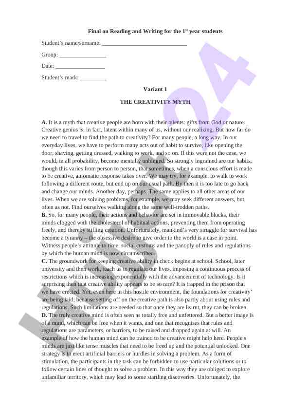 The creativity myth in first year student studies