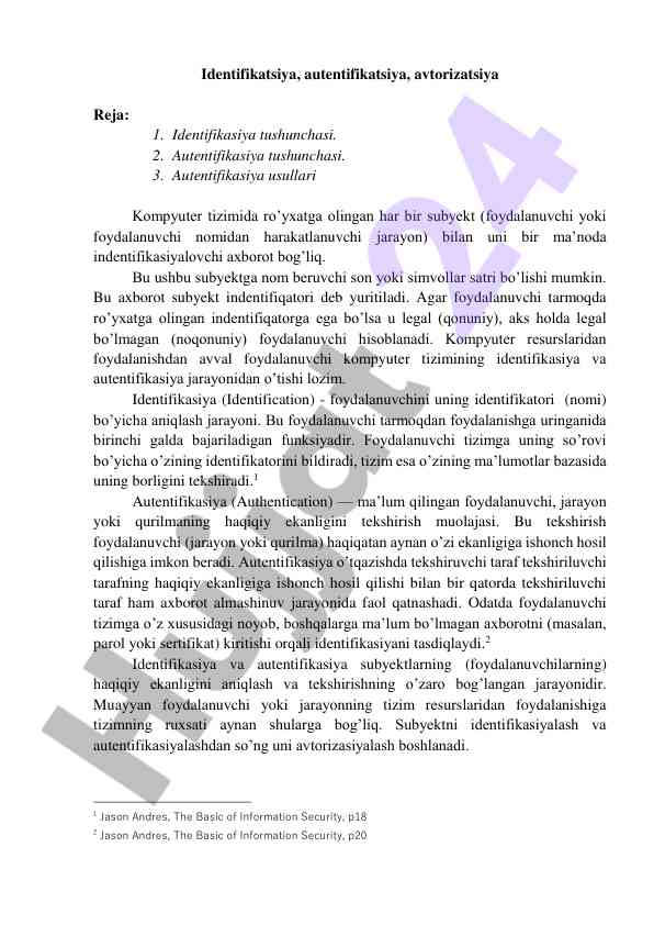 Identifikatsiya autentifikatsiya bo‘yicha dars