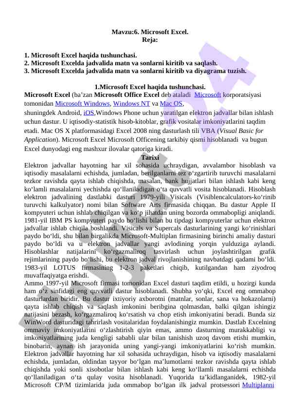 Microsoft excel haqida tushuncha va foydalanish
