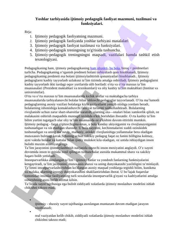Yoshlar tarbiyasida ijtimoiy pedagogik faoliyat