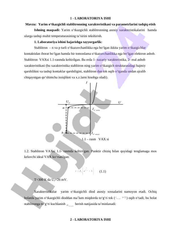 Yarim o‘tkazgichli stablitron xarakteristikasi